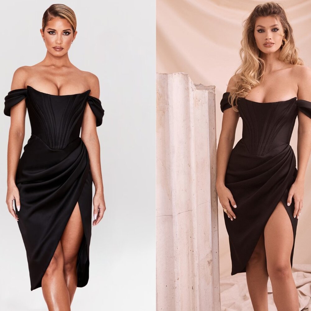 HOUSE OF CB Loretta Off-Shoulder Corset Satin Dress – Size L